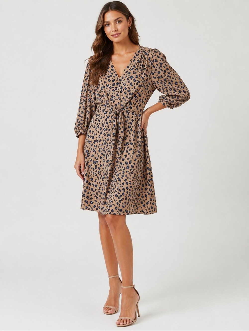 Rebecca Taylor Silk Blend Leopard Print Tie Front Dress Size 10 Beige Blue